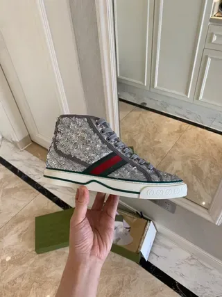 Gucci Silver Green Glitter Upper High-Top Lifestyle Sneakers 7