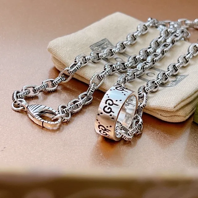 Gucci Silver Interlocking G Motif Ornate Link Chain Necklace 8