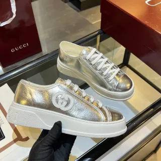 Gucci 银白金属皮革平台底生活休闲鞋