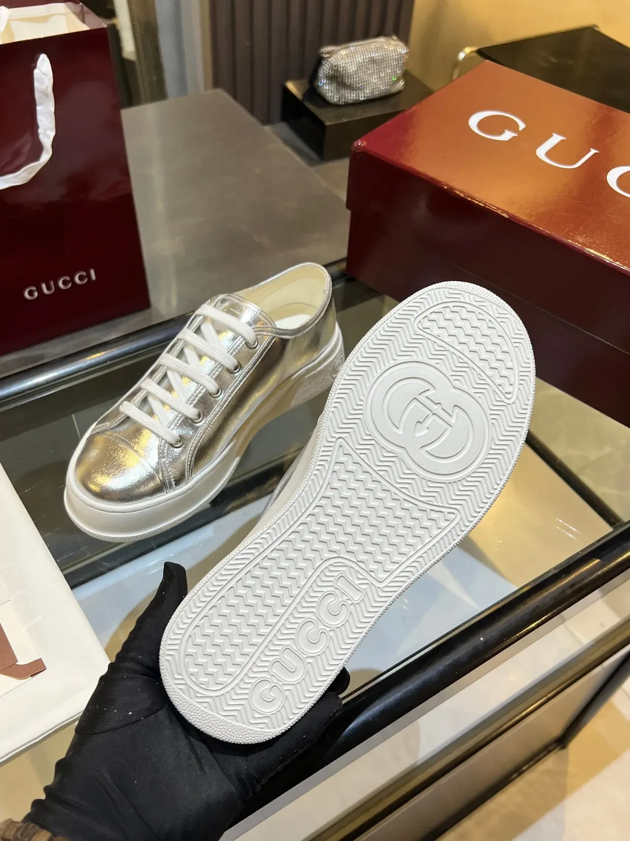 Gucci Silver White Metallic Leather Platform Sole Lifestyle Sneakers 2