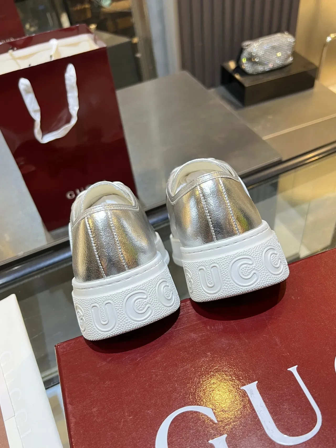 Gucci Silver White Metallic Leather Platform Sole Lifestyle Sneakers 3