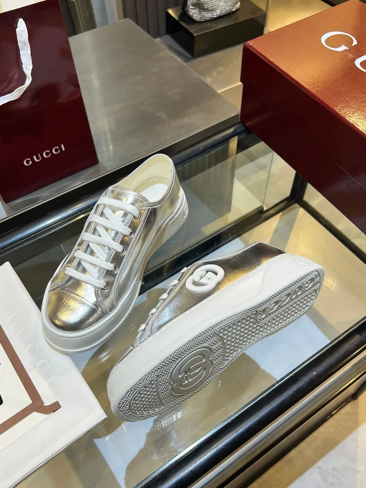 Gucci Silver White Metallic Leather Platform Sole Lifestyle Sneakers 4