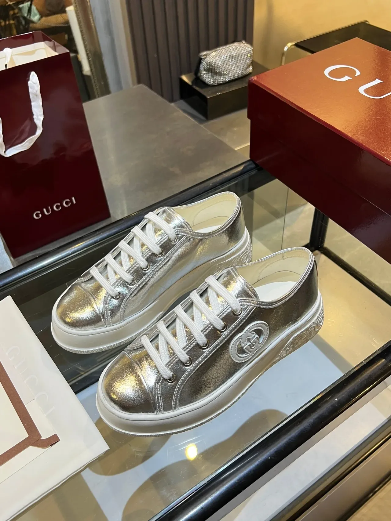 Gucci Silver White Metallic Leather Platform Sole Lifestyle Sneakers 5