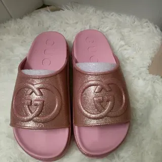 Gucci Slide Sandalias de Purpurina Rosa Dorado
