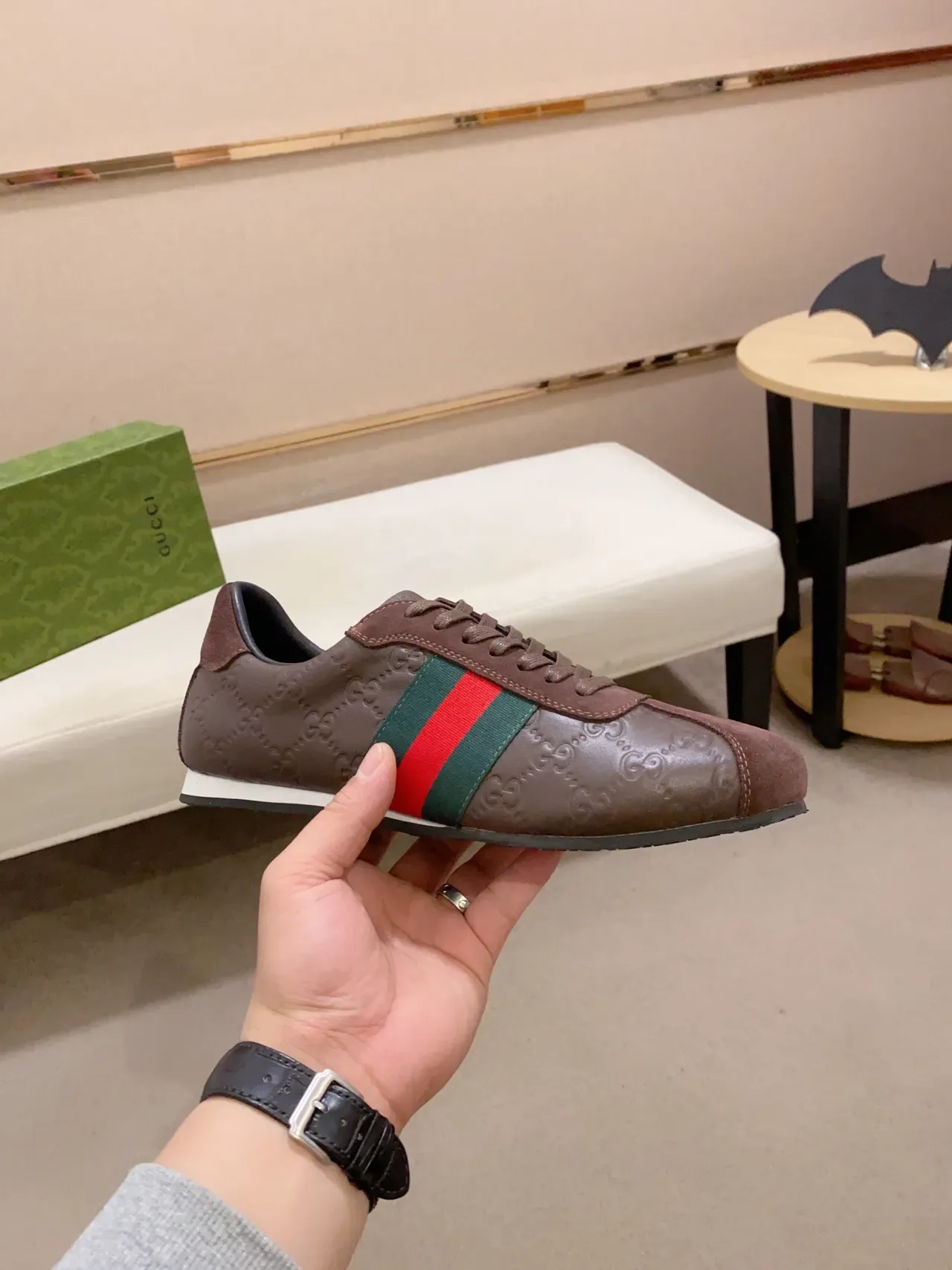Gucci Tennis 1977 棕色 GG压花皮革麂皮生活方式运动鞋 4