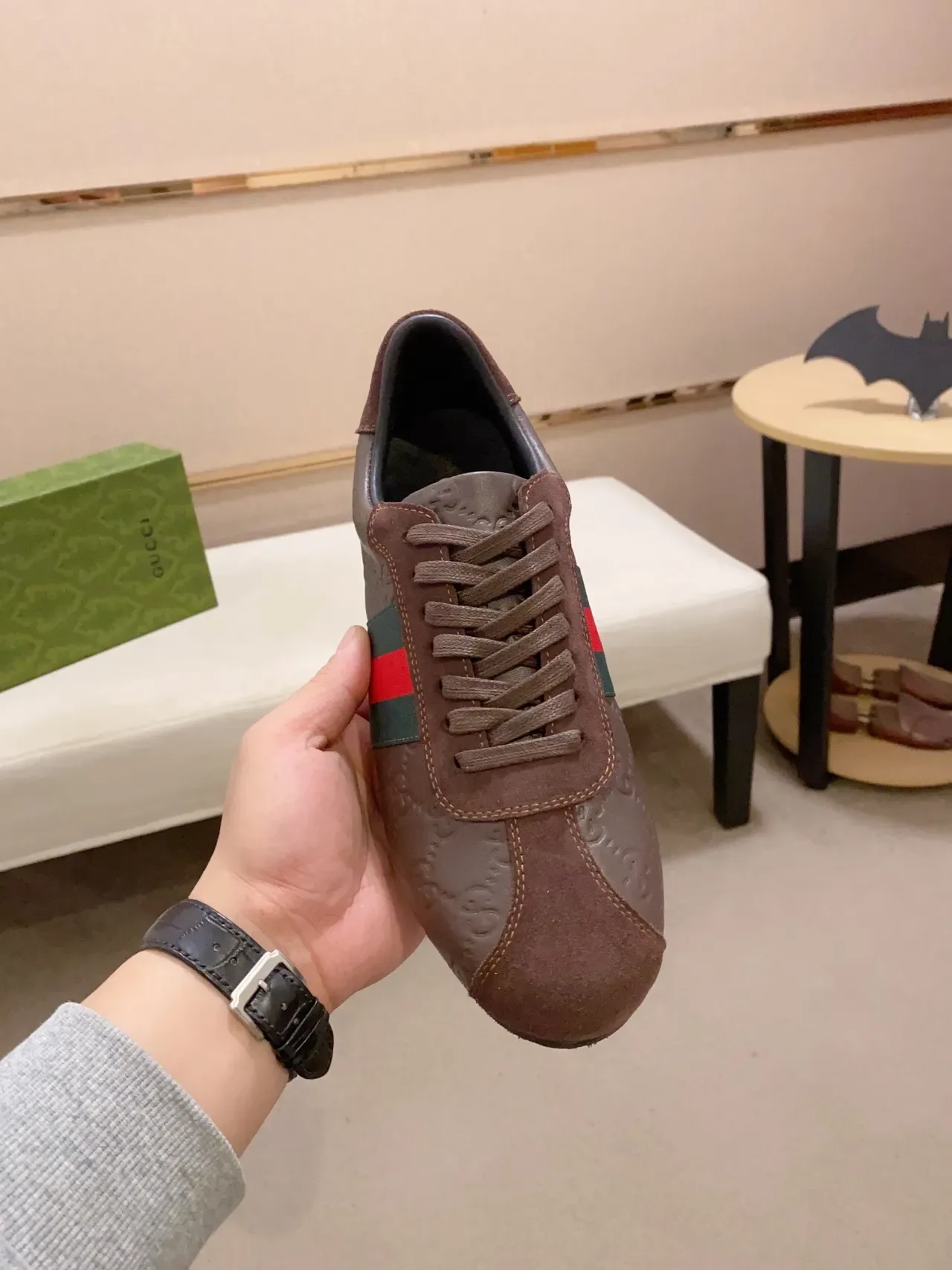 Gucci Tennis 1977 棕色 GG压花皮革麂皮生活方式运动鞋 5