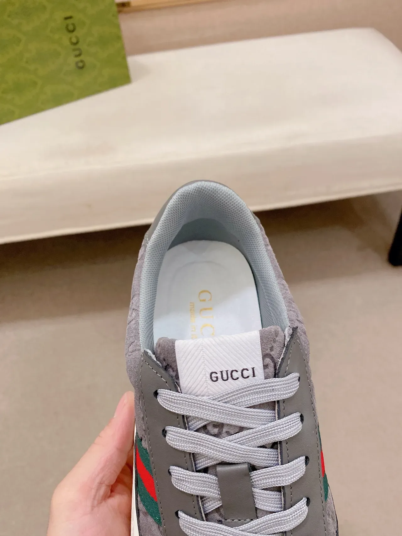 Gucci Tennis 1977 Gray Monogram Suede Web Stripe Lifestyle Sneakers 4