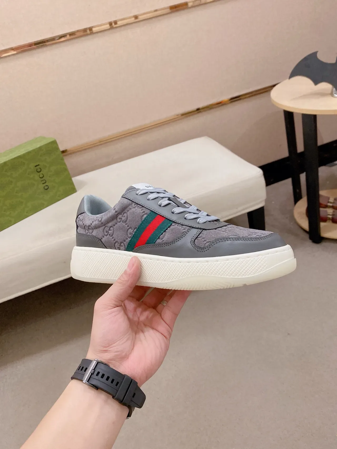 Gucci Tennis 1977 Gray Monogram Suede Web Stripe Lifestyle Sneakers 5