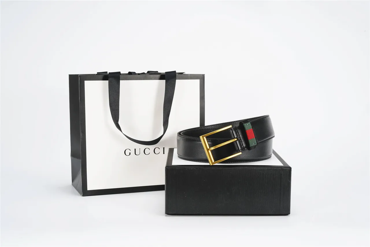 Gucci Web Belt 黑色镀金 光滑 矩形 扣头 皮革腰带 4