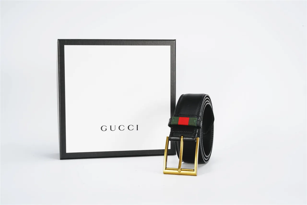 Gucci Web Belt 黑色镀金 光滑 矩形 扣头 皮革腰带 5