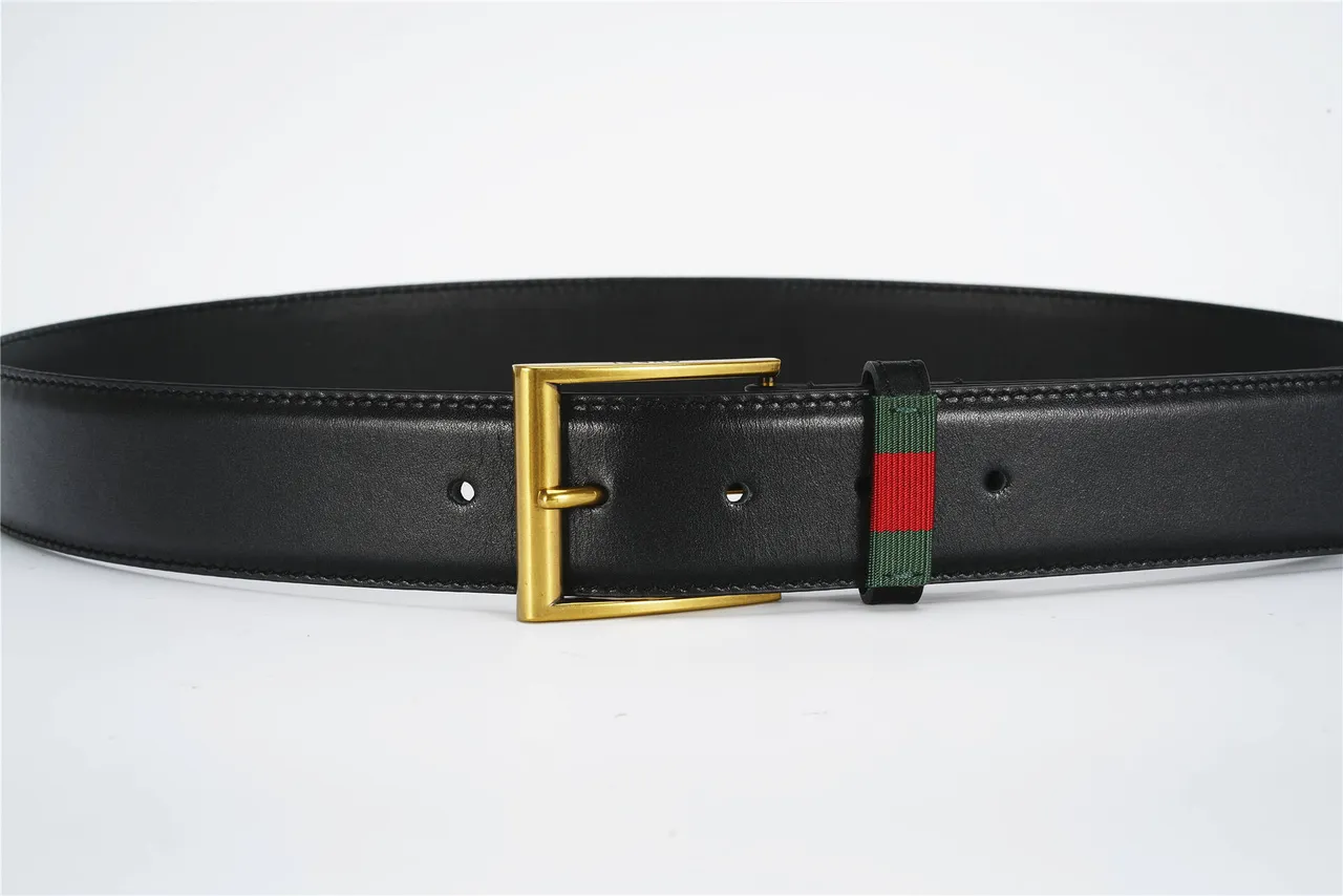 Gucci Web Belt 黑色镀金 光滑 矩形 扣头 皮革腰带 8