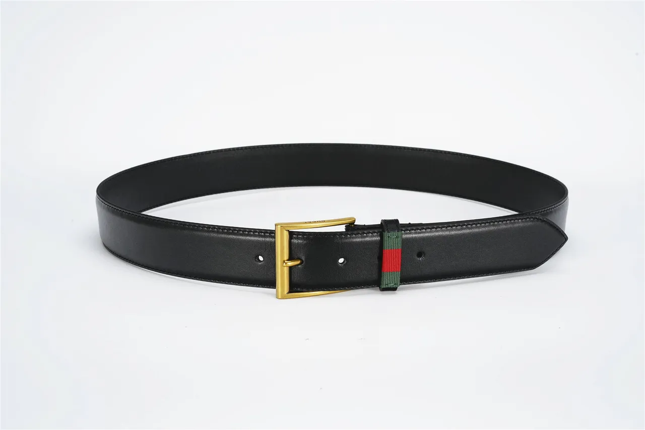 Gucci Web Belt 黑色镀金 光滑 矩形 扣头 皮革腰带 9
