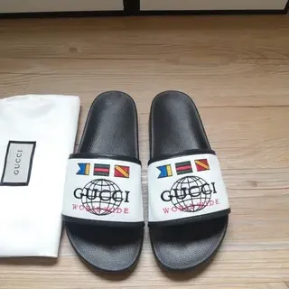 Gucci 环球 黑色 白色 橡胶 鞋底 布质 鞋带 拖鞋