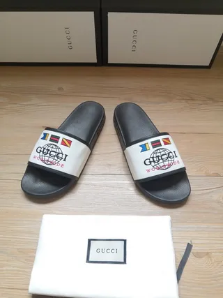 Gucci Mondial Noir Blanc Semelle Caoutchouc Sangle Tissu Chaussons 3