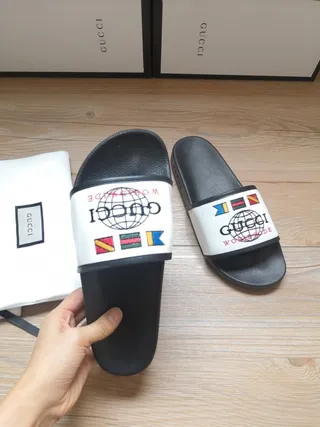 Gucci Mondial Noir Blanc Semelle Caoutchouc Sangle Tissu Chaussons 4