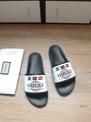 Gucci Mondial Noir Blanc Semelle Caoutchouc Sangle Tissu Chaussons 5