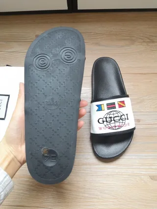 Gucci Mondial Noir Blanc Semelle Caoutchouc Sangle Tissu Chaussons 6