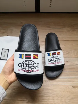 Gucci Mondial Noir Blanc Semelle Caoutchouc Sangle Tissu Chaussons 8