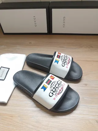 Gucci Mondial Noir Blanc Semelle Caoutchouc Sangle Tissu Chaussons 9