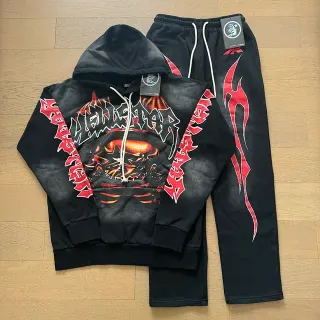 Hellstar Black Red Graphic-Print Flame-Motif Tracksuit