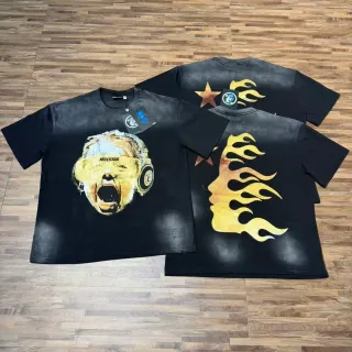 Hellstar Graphic Print Acid-Wash Black Gold Flame T-Shirt