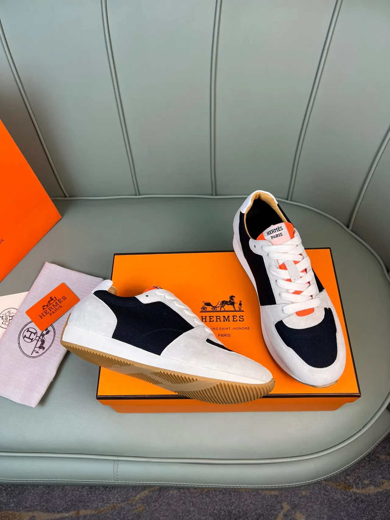 Hermès Beige Navy Orange स्यूड मेश लाइफस्टाइल स्नीकर 4