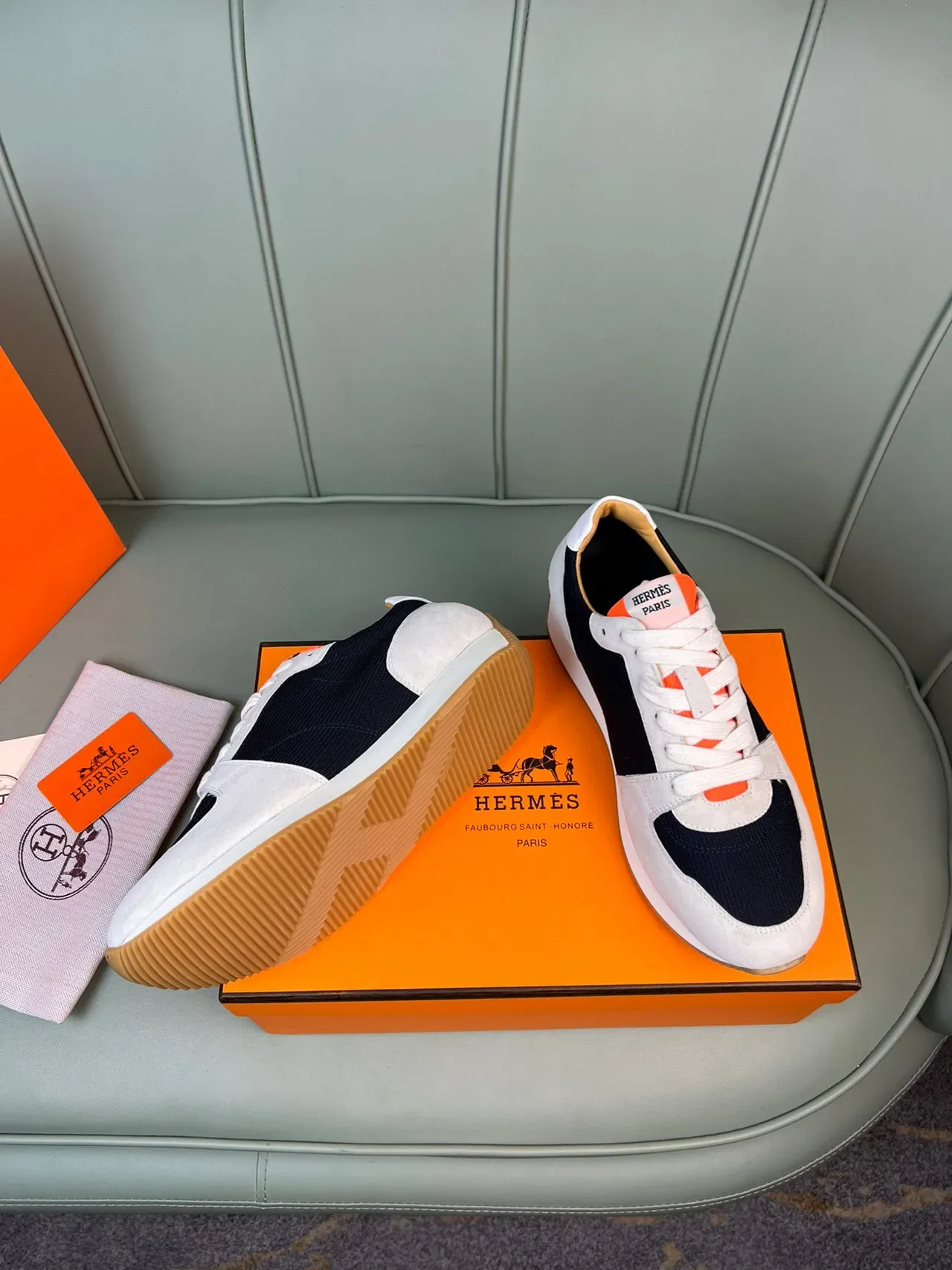 Hermès Beige Navy Orange स्यूड मेश लाइफस्टाइल स्नीकर 6