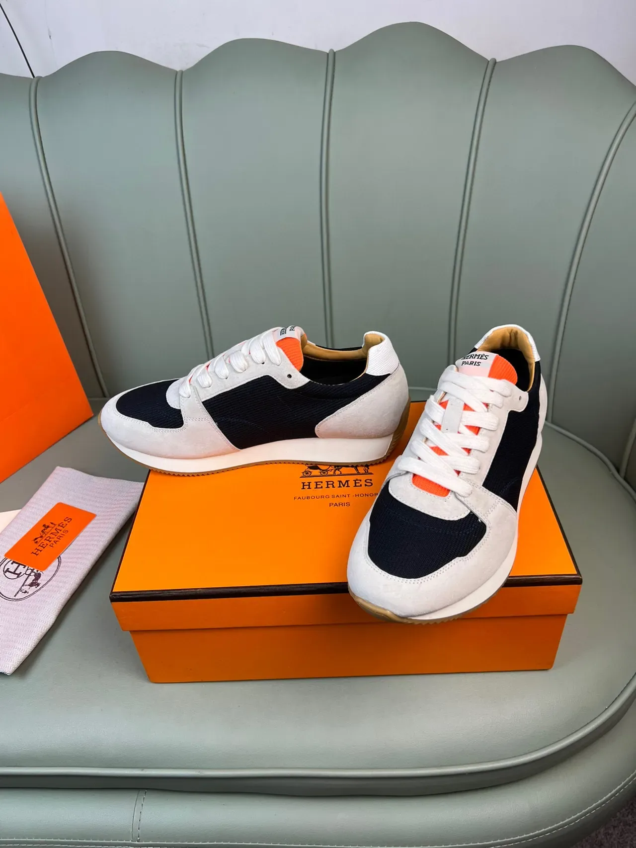 Hermès Beige Navy Orange स्यूड मेश लाइफस्टाइल स्नीकर 7