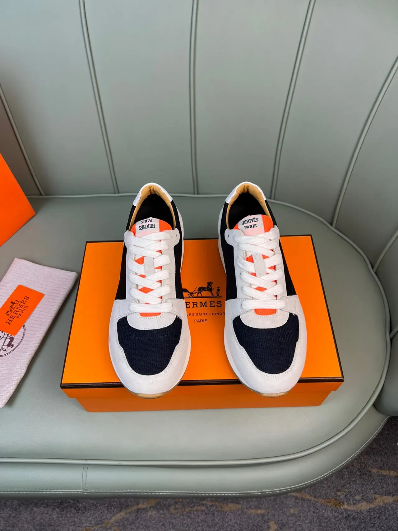 Hermès Beige Navy Orange स्यूड मेश लाइफस्टाइल स्नीकर 8