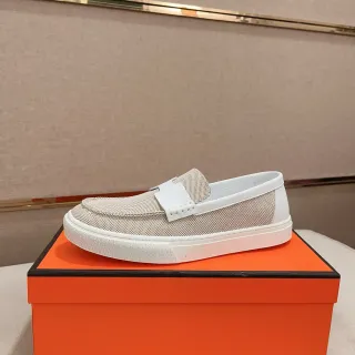 Hermès 米色白色网面皮革鞋带乐福鞋