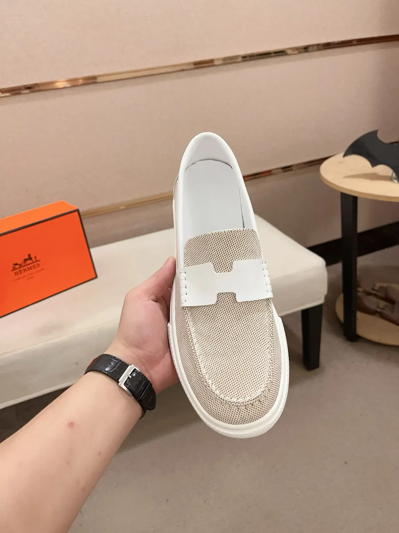 Hermès Beige White Mesh Upper Leather Strap Loafer 5