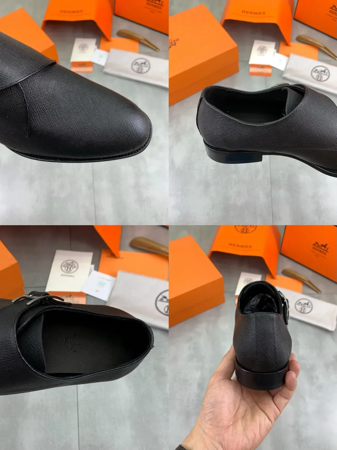 Hermès কালো টেক্সচার্ড চামড়া H-Buckle মঙ্ক জুতো 2