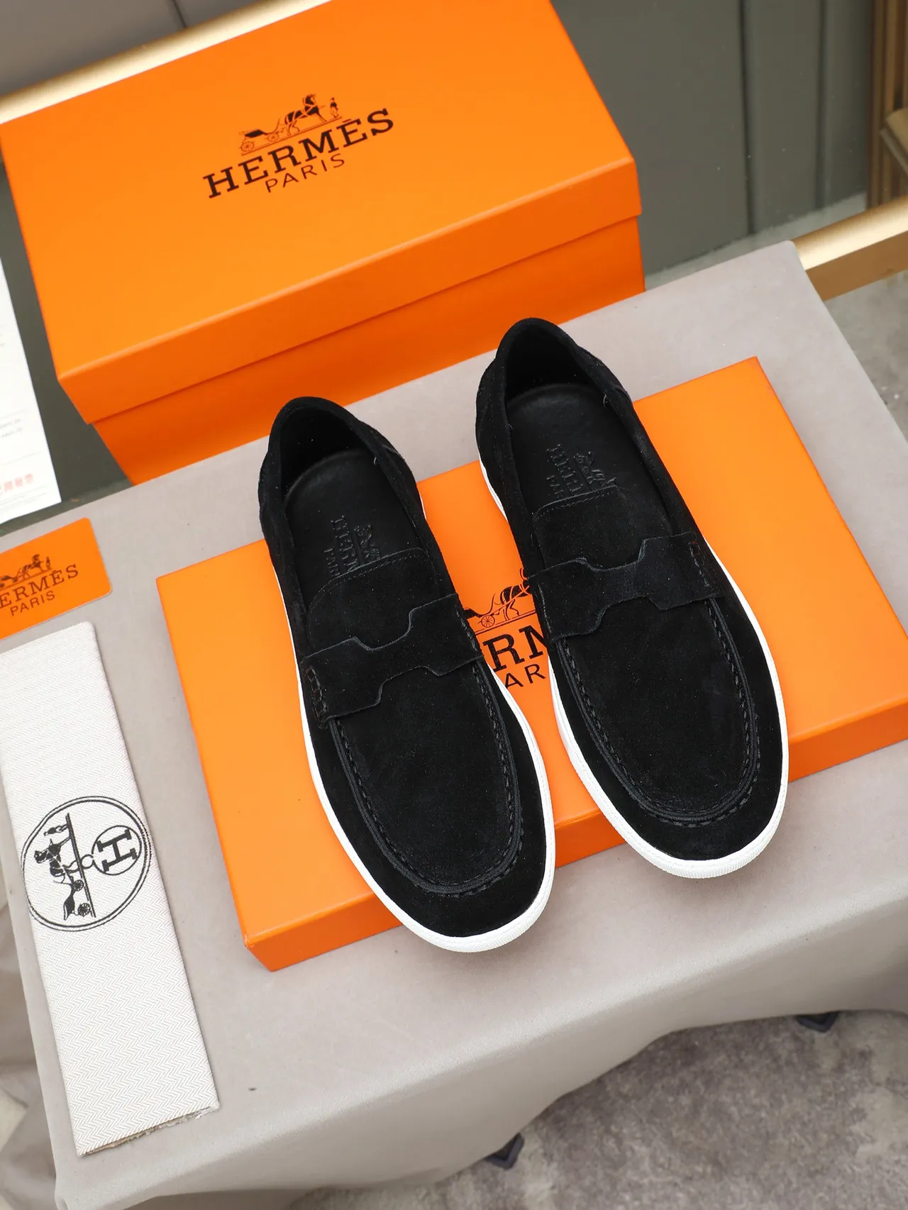Hermès Black White Suede Upper Penny Strap Loafer 2