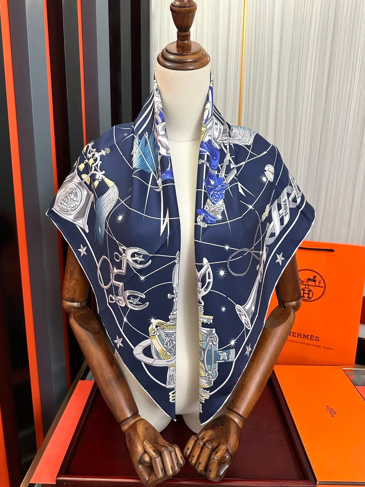 Hermès Carré Navy Blue Celestial Motif Print Silk Scarf 2