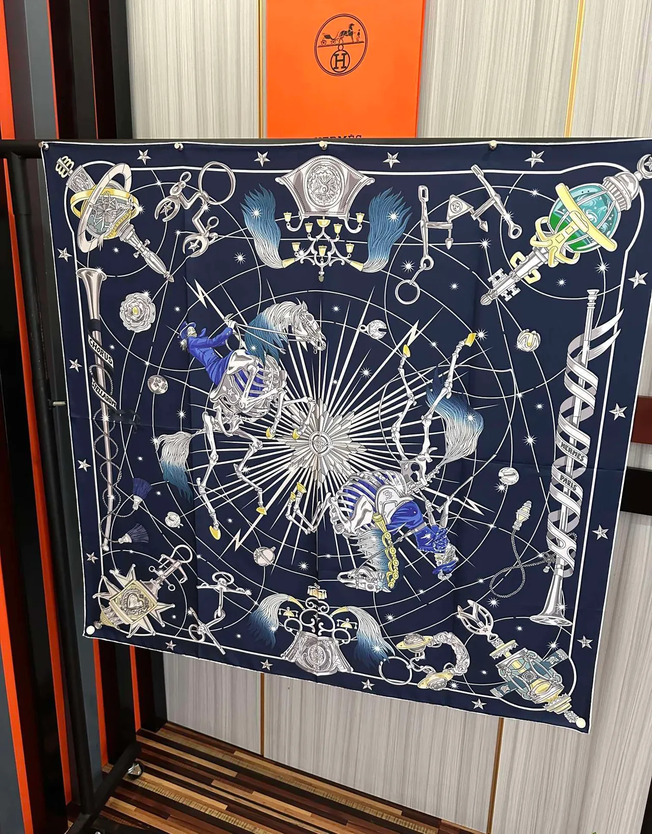 Hermès Carré Navy Blue Celestial Motif Print Silk Scarf 3