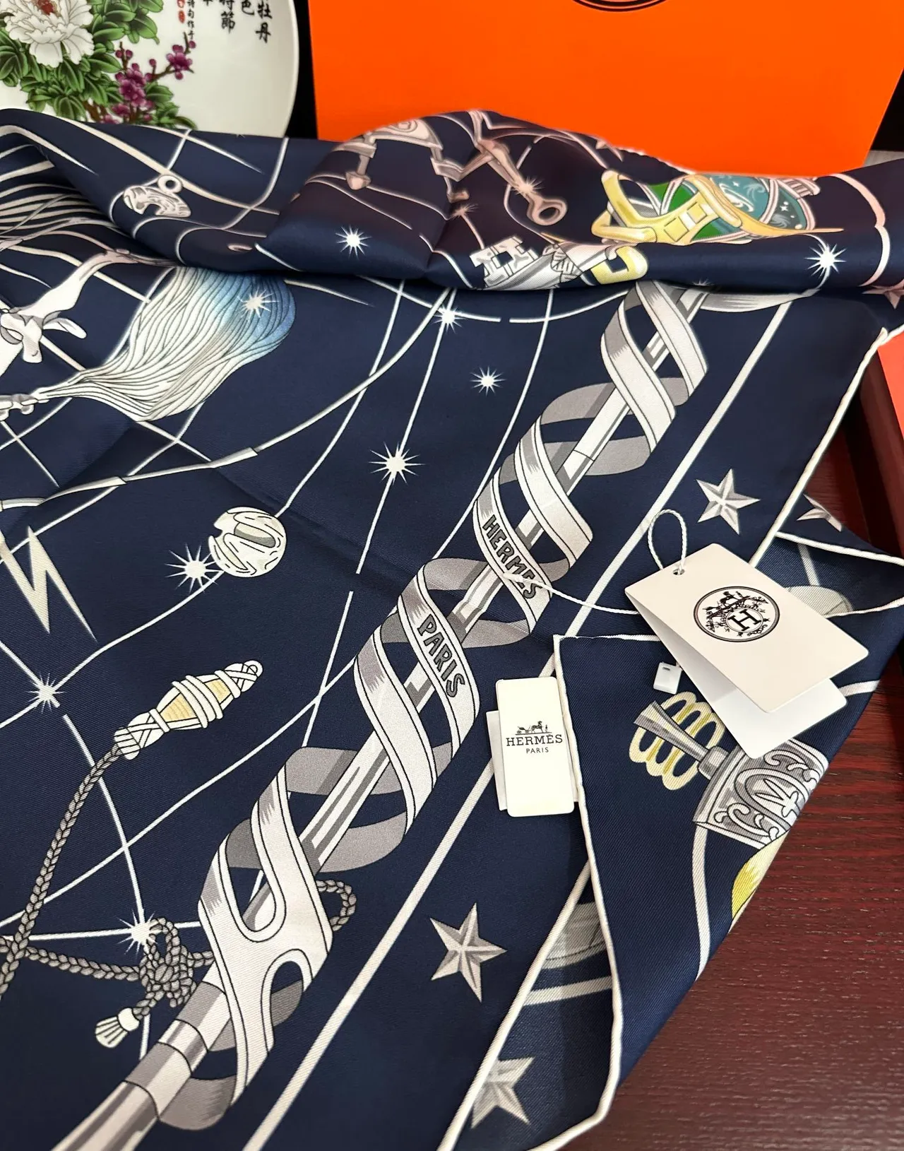 Hermès Carré Navy Blue Celestial Motif Print Silk Scarf 4