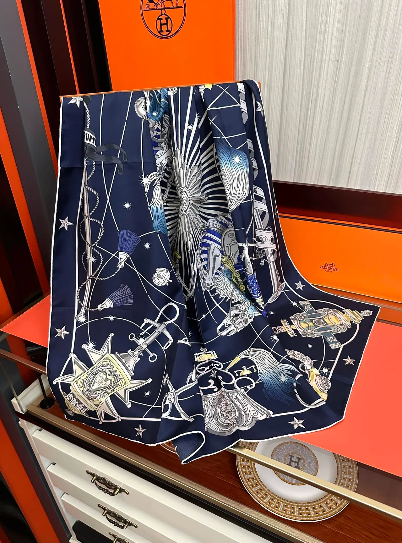 Hermès Carré Navy Blue Celestial Motif Print Silk Scarf 5
