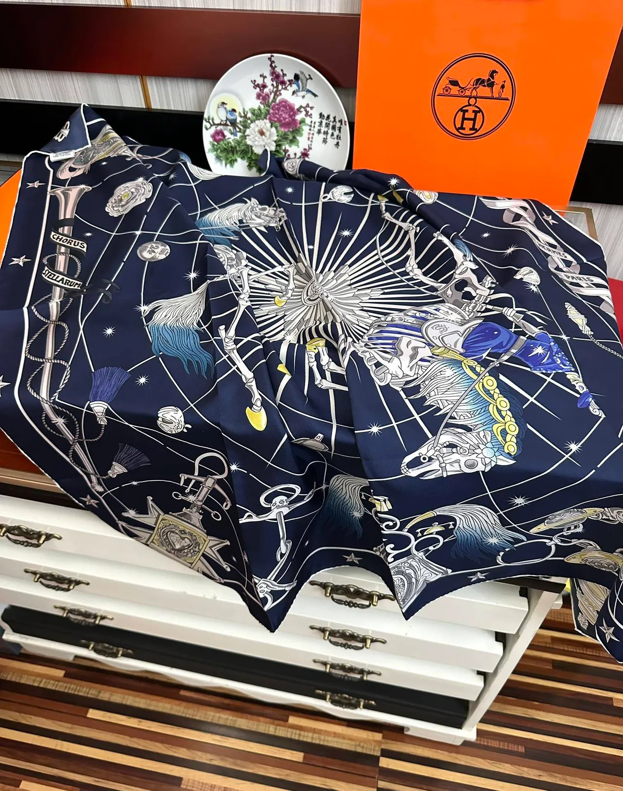 Hermès Carré Navy Blue Celestial Motif Print Silk Scarf 6