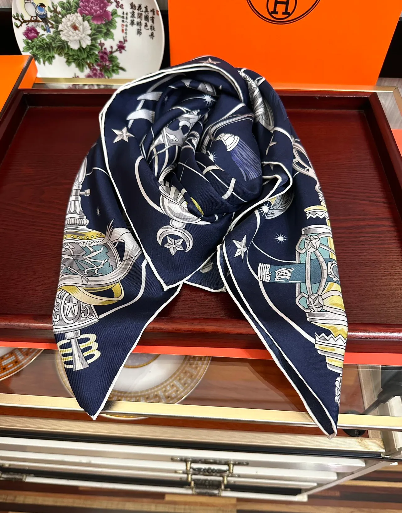 Hermès Carré Navy Blue Celestial Motif Print Silk Scarf 7