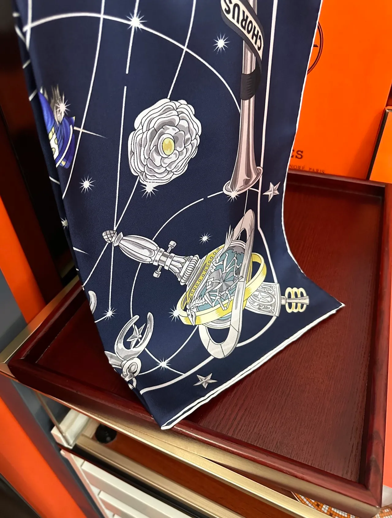 Hermès Carré Navy Blue Celestial Motif Print Silk Scarf 8