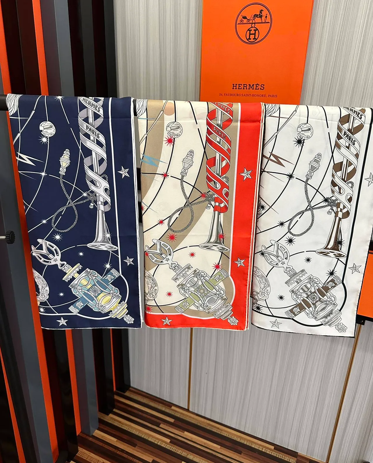 Hermès Carré Navy Blue Celestial Motif Print Silk Scarf 9