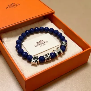 Hermès 魅力手链 钴蓝珠串 银色调 H 和马 魅力手链