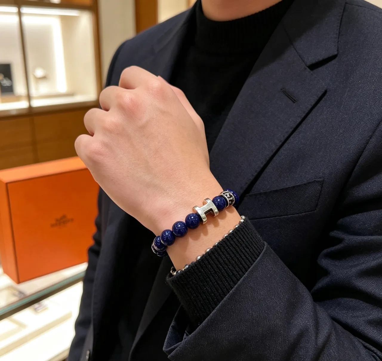 Hermès Charm Bracelet Cobalt Blue Beads Silver-Tone H and Horse Charms Bracelet 3