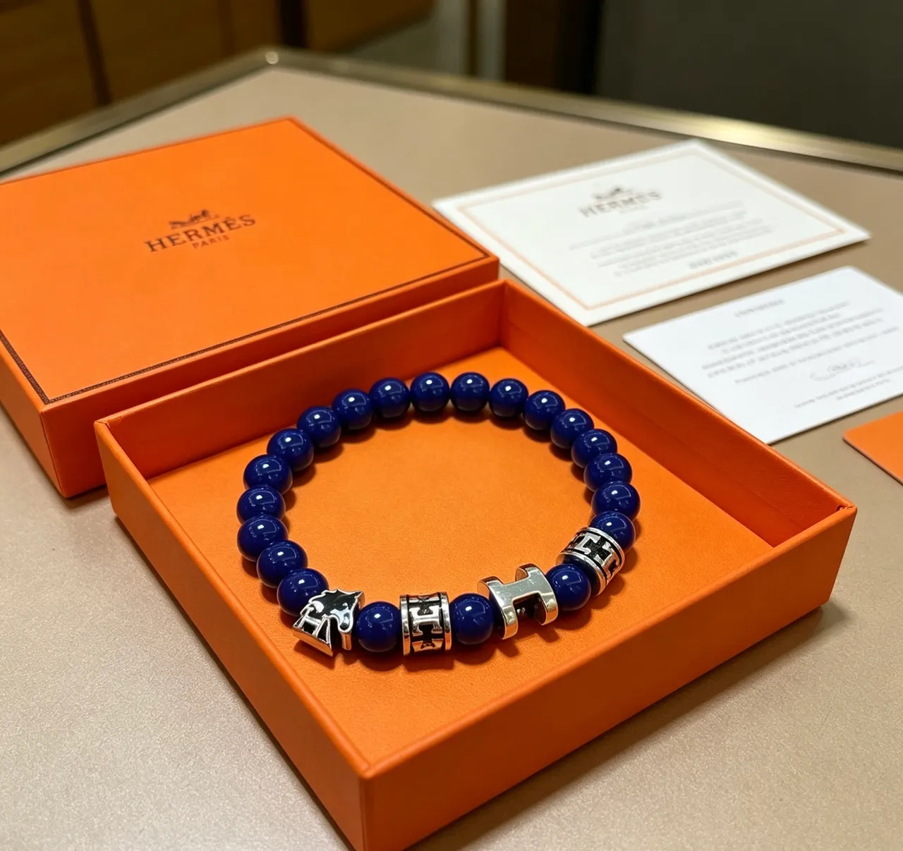 Hermès Charm Bracelet Cobalt Blue Beads Silver-Tone H and Horse Charms Bracelet 4
