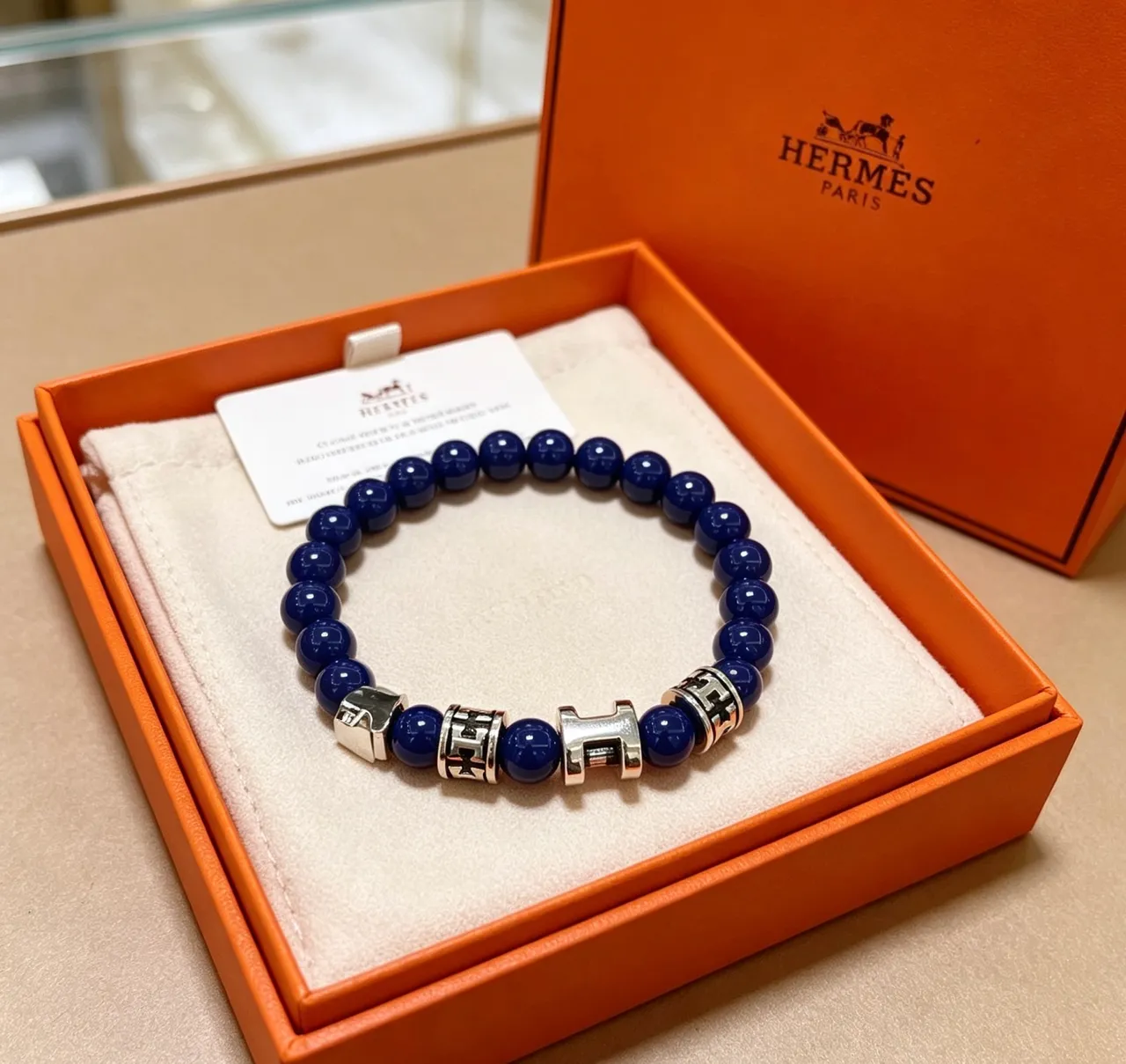 Hermès Charm Bracelet Cobalt Blue Beads Silver-Tone H and Horse Charms Bracelet 5