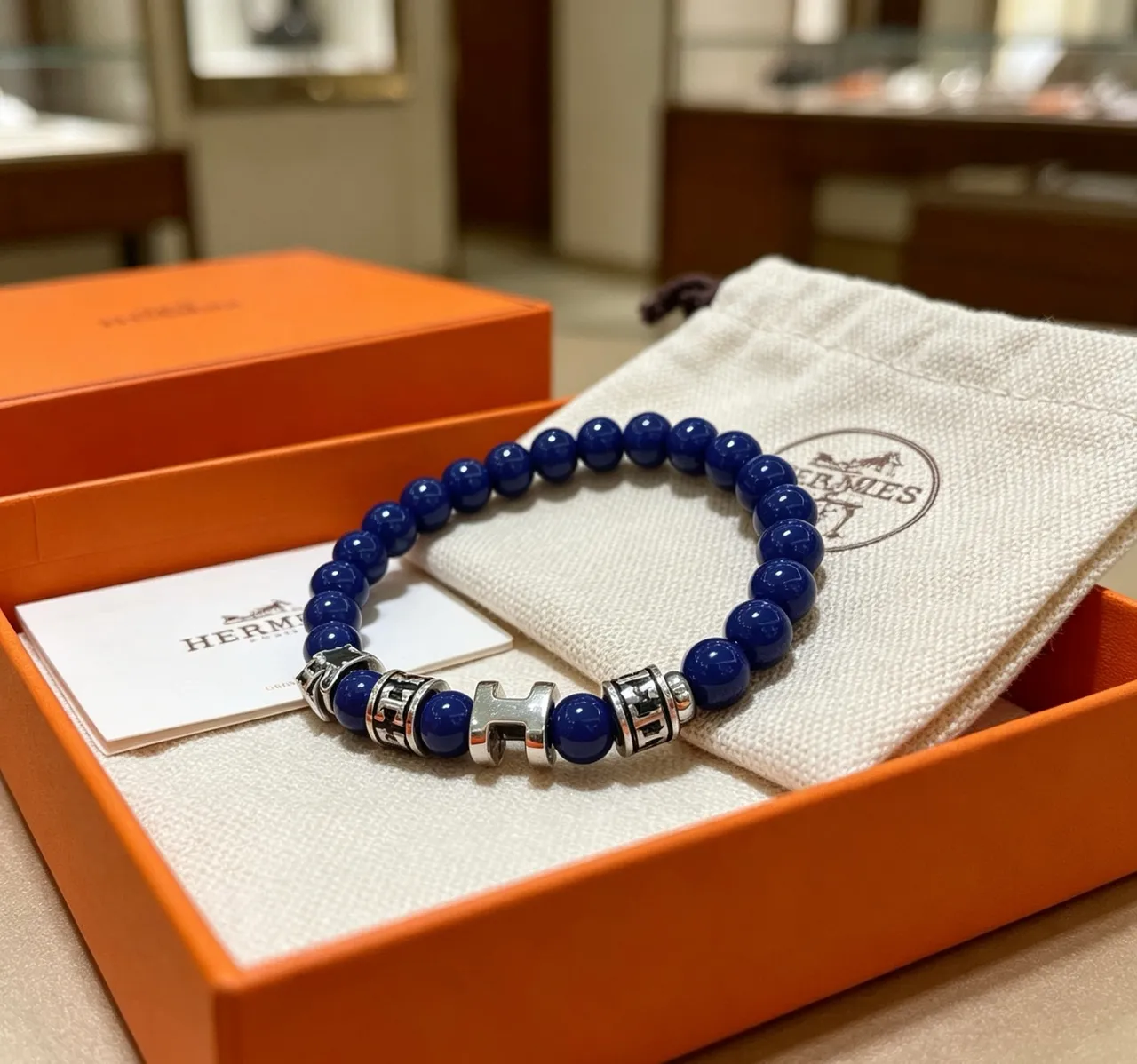 Hermès Charm Bracelet Cobalt Blue Beads Silver-Tone H and Horse Charms Bracelet 6