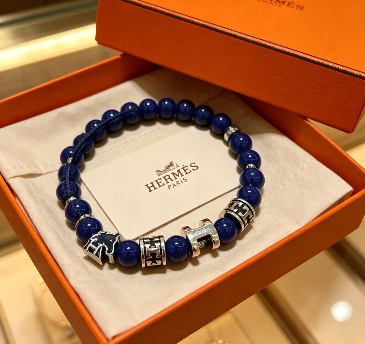 Hermès Charm Bracelet Cobalt Blue Beads Silver-Tone H and Horse Charms Bracelet 9