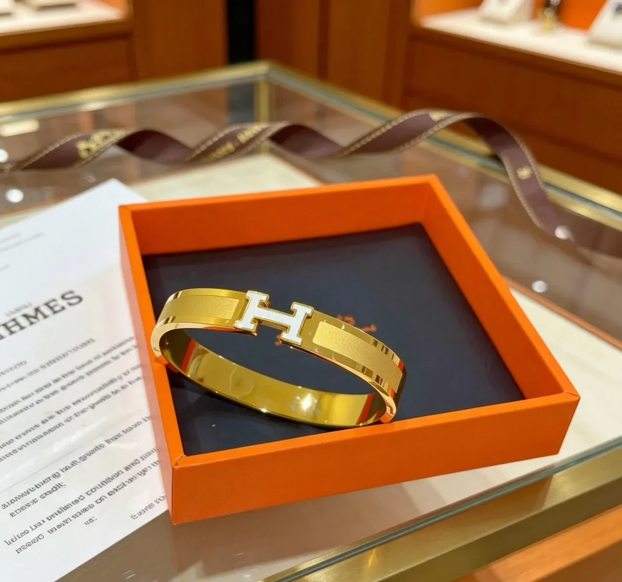 Hermès Clic H Gold White Rigid Bangle Enamel-Accented Clasp Bracelet 6