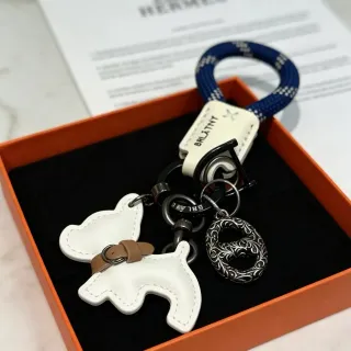 Hermès Dog Charm कीचेन सफेद नेवी चमड़े की रस्सी लूप हैंडबैग