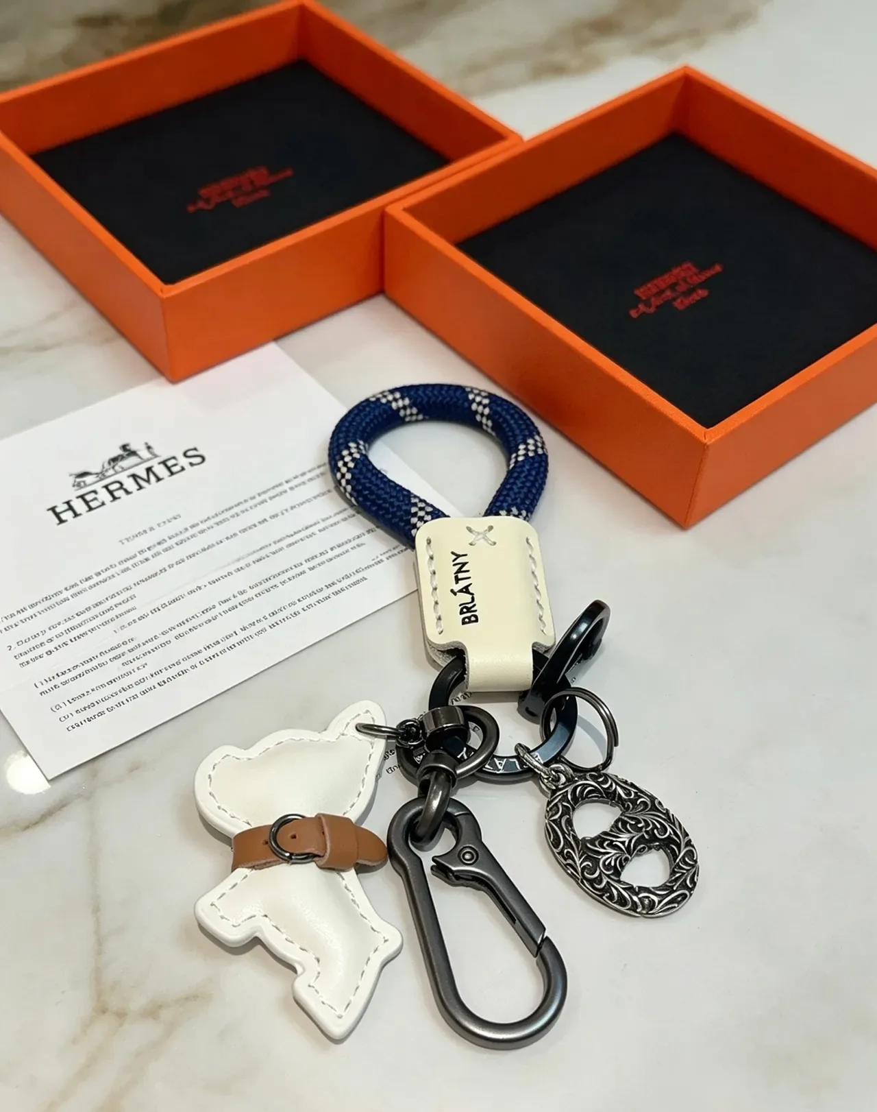 مفتاح سلسلة Hermès Dog Charm الكلب أبيض بحري جلد حلقة حبل حقيبة يد 8